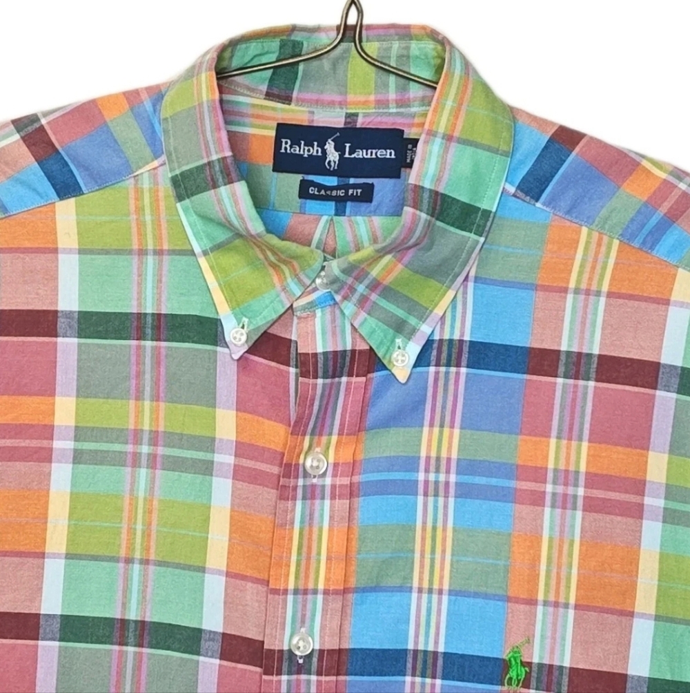 Polo Ralph Lauren Button Down Dress Shirt L Tall India Madras Plaid Classic Fit